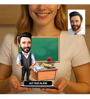 Kişiye Özel Öğretmen Karikatürlü 18 cm MDF Masaüstü Biblo - Öğretmen Hediyesi Öğretmene Özel Hediye