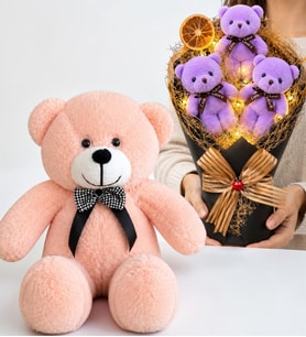 Mor LED Işıklı Peluş Ayıcık Buketi ve 50 cm Pembe Peluş Ayıcık Hediye Seti