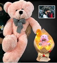 Size Özel Led Işıklı Fotoğraflı Ayıcık Buketi ve Büyük Boy 80cm Pembe Peluş Ayıcık (Model 6)