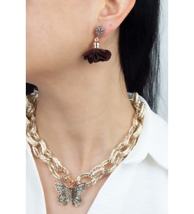 Bronz Kelebek Uçlu Kolye Küpe Set