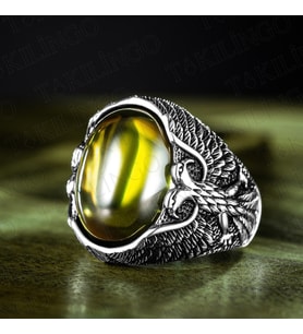 925 Ayar Gümüş Yeşil Olivin Peridot Taşlı Kartal Motifli Erkek Yüzük
