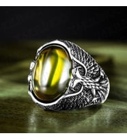 925 Ayar Gümüş Yeşil Olivin Peridot Taşlı Kartal Motifli Erkek Yüzük
