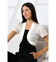 Şiir Puzi Kadın Penye Oval Etek Ajur Desenli Kısa Kollu Omuzları Büzgülü Kısa Hırka & Bolero - Ekru (Ekru)