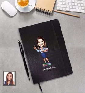 Kişiye Özel Öğretmen Karikatürlü  Siyah Defter Kalem Hediye Seti Bayan-19