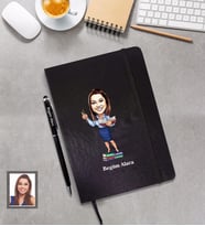 Kişiye Özel Öğretmen Karikatürlü  Siyah Defter Kalem Hediye Seti Bayan-19