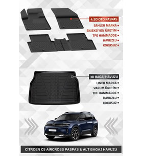 Sahler C5 Aircross 2019+ Uyumlu 4.5D Premium Havuzlu Oto Paspas Ve Liner Marka 3d ALT Bagaj Havuzu