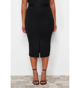 Moda Büyük Beden Regular Düz Desen Günlük Midi Boy Yırtmaç Detaylı Kemerli Midi Örme Etek