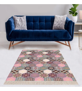 Kilim Desenli Etnik Dijital Baskı Yıkanabilir Kaymaz Taban Modern Salon Halı ve Yolluk (Pembe)