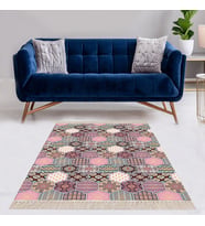 Kilim Desenli Etnik Dijital Baskı Yıkanabilir Kaymaz Taban Modern Salon Halı ve Yolluk (Pembe)