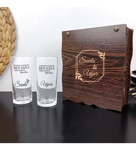 Kişiye Özel Ahşap Hediye Kutusu İçinde İkili Rakı Bardağı Seti