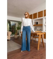 1067-Denim Bol Paça Pantolon Mavi