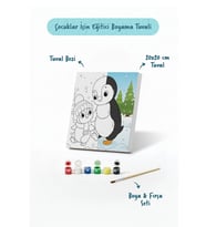 Penguen Temalı Çocuk Boyama Tuvali – Şövalesiz Eğitici Boyama Seti 20x20 cm