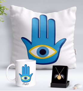 BK Gift Kişiye Özel Nazar Temalı Yastık Kupa ve Açılan Nazar Kolye Hediye Seti-3 (Model 1)