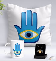 BK Gift Kişiye Özel Nazar Temalı Yastık Kupa ve Açılan Nazar Kolye Hediye Seti-3 (Model 1)