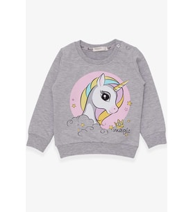 Breeze Kız Çocuk Sweatshirt Baskılı Unicorn 1.5-5 Yaş, Gri Melanj