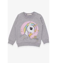 Breeze Kız Çocuk Sweatshirt Baskılı Unicorn 1.5-5 Yaş, Gri Melanj