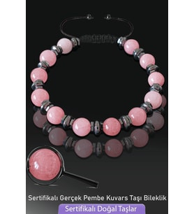 Sertifikalı Gerçek Pembe Kuvars Taşı Bileklik - Ayarlamalı (Çok Renkli)