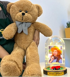 Sizlere Özel Premium Hediye Seti  Led Işıklı Fanus ve 80 cm Büyük Boy Kahve Peluş Ayıcık (Model 4)