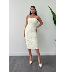 Üç Boyutlu Kumaş Bolero Detaylı Kalem Elbise - KREM