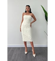 Üç Boyutlu Kumaş Bolero Detaylı Kalem Elbise - KREM
