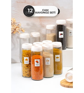 12'li Beyaz Kapaklı Cam Saklama Kabı Seti, 1500 ml, Sızdırmaz ve Şık
