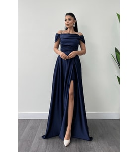 Saten Kumaş Büzgülü Askılı Abiye Elbise - LACİVERT