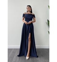 Saten Kumaş Büzgülü Askılı Abiye Elbise - LACİVERT