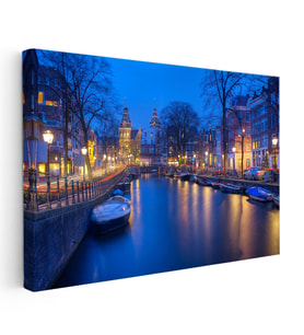 Kanvas Tablo Amsterdam Kanalı Gece Manzarası Şehir Mimari Tablo Ev Ofis Duvar Dekoru