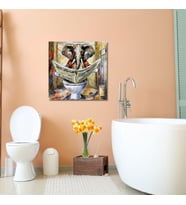 Tekli Kare Kanvas Banyo Tablosu Gazete Okuyan Renkli Fil
