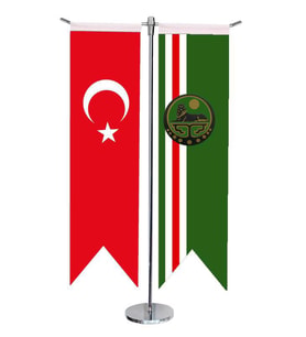 Masa Üstü Kırlangıç Çeçenistan İçkerya + Türk Bayrağı + Krom T Direk Masa Bayrak Seti