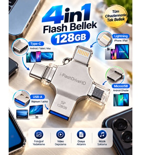 128GB 4’lü Girişli Flash Bellek Lightning Type-C USB-A MicroUSB Telefon Tablet Bilgisayar Uyumlu
