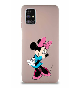 Samsung Galaxy M51 Soft Premier Kapak Minnie Mouse-F Tasarımlı Silikon Kılıf - Pudra (Şeffaf)