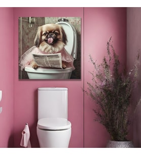 Tekli Kare Kanvas Banyo Tablosu Gazete Okuyan Sevimli Pekinez