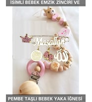 Sahi Aksesuar İsimli Bebek Emzik Zinciri ve Pembe Taşlı Bebek Yaka İğnesi BEZYI018