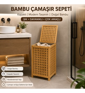Doğal Bambu Çamaşır Sepeti Kapaklı Kirli Çamaşır Saklama Sepeti Banyo Organizeri