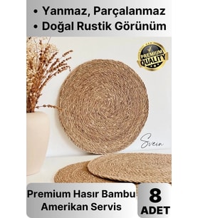 8'li Premium Yuvarlak Hasır Bambu Amerikan Servis Örme Supla Sofra Yemek Masası Yanmaz Tabak Altlığı