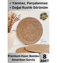 8'li Premium Yuvarlak Hasır Bambu Amerikan Servis Örme Supla Sofra Yemek Masası Yanmaz Tabak Altlığı