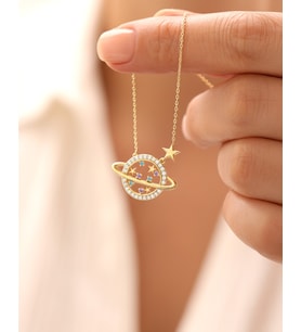 Ametist Aqua Taşlı Gezegen 14 Ayar Altın Kolye (Gold)