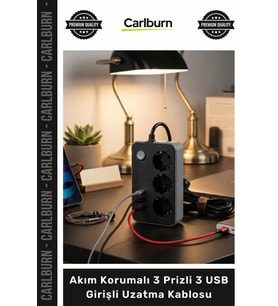 #Uzatma 2 Metre Yanmaz Gövde Çocuk Korumalı Akım Korumalı 3 Prizli 3 USB Girişli Uzatma Kablosu