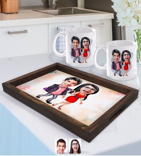 BK Gift Kişiye Özel Sevgililer Karikatürlü Doğal Ahşap Tepsi ve 2’li Kupa Bardak Seti-4