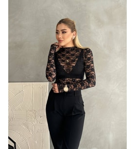 Kadın Uzun Kollu Transparan Çıtçıtlı Bodysuit Bluz (Siyah)