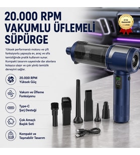 20000RPM Kablosuz Hava Üfleme ve Çekme Süpürgesi Type-C Şarjlı Ev Araba Ofis Temizlik Cihazı