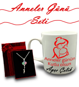 Anneler Gününe Özel Kişiye Özel Kupa & Balonlu Kız (Masumlar Apartmanı Temalı) Kolye Hediye Seti (Model 1)