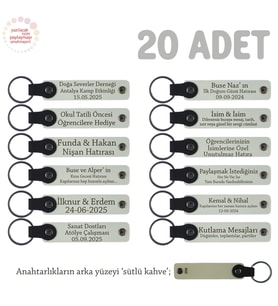 Sınıf Etkinliklerinde Dağıtılmak Üzere 20'li Set Anahtarlık, Öğrenci İsmine Özel , Beyaz & S Kahve