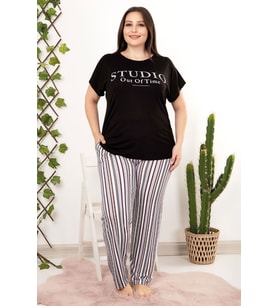Çizgi desenli kısa kol simit yaka viskon kumaş pijama takımı lady-10951