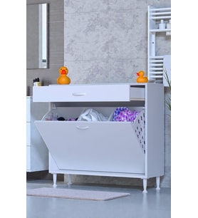Eliusta Asil 95 cm Kirli Çamaşır Sepetli Banyo Dolabı 1 Çekmeceli Mutfak Çok Amaçlı Dolap 95x88x32,5 cm (Beyaz)
