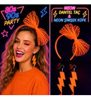 Neon Turuncu Dantel Taç ve Şimşek Küpe 80&amp;#39;ler 90&amp;#39;lar Parti Seti