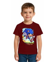 Unisex Sonic Baskılı Çocuk Tişört pamuklu penye kumaş (Bordo)