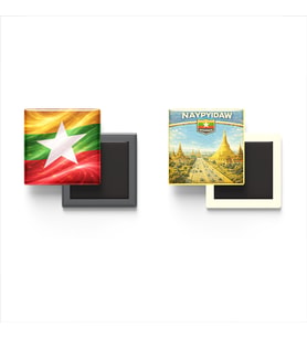 Buzdolap Magnetleri - Myanmar Bayrağı ve Naypyidaw Retro Tema - 2'li Set Magneti