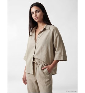 LCW Vision Bej Keten Karışımlı Oversize Kadın Gömlek